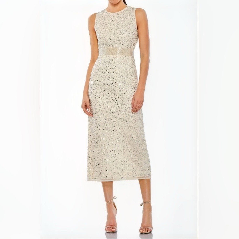 Mac Duggal Cream Beaded Sequin Midi Sheath Dress